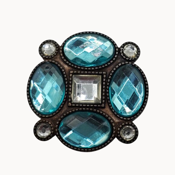 Aqua Blue Oval Rhinestone Bronze Tone Round Faceted Brooch Pin Fairycore Cottage - Picture 1 of 7